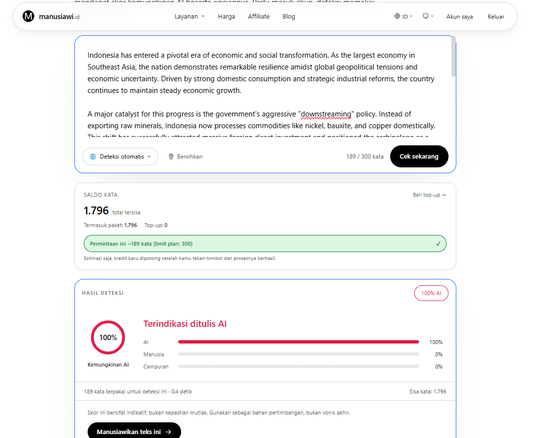 AI Detector result showing the draft flagged as AI-generated