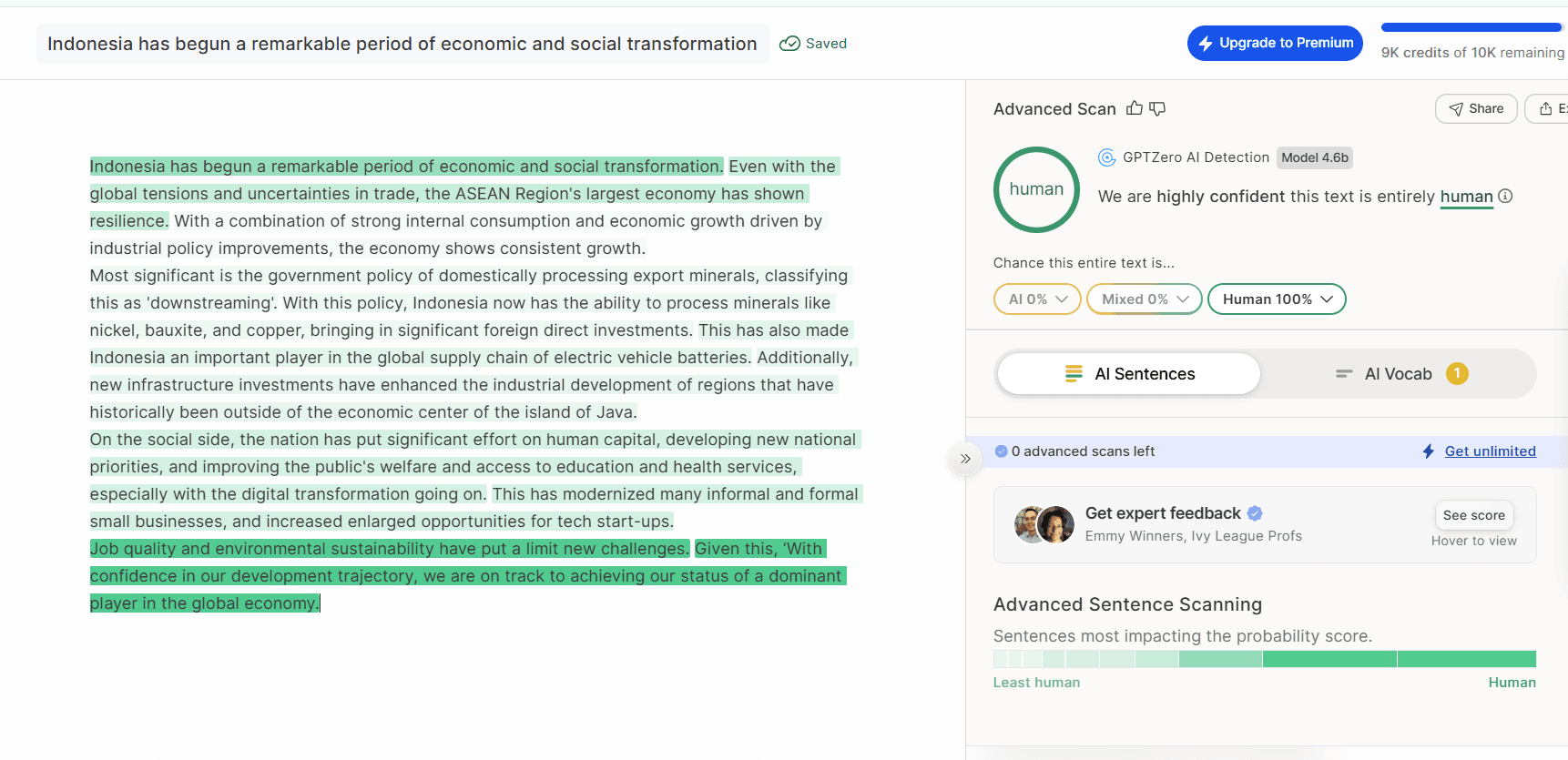 GPTZero score showing the text passes as human-written