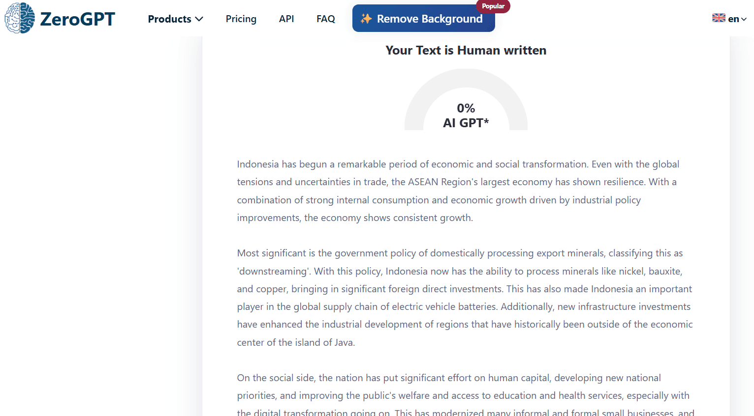 ZeroGPT score showing the text passes as human-written